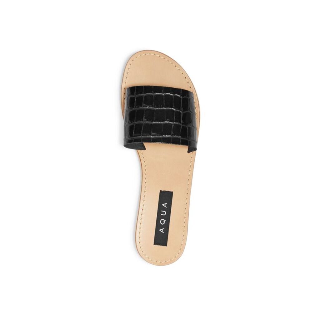 AQUA Womens Black Croc Slide Round Toe Slip On Leather Slide Sandals 6 M